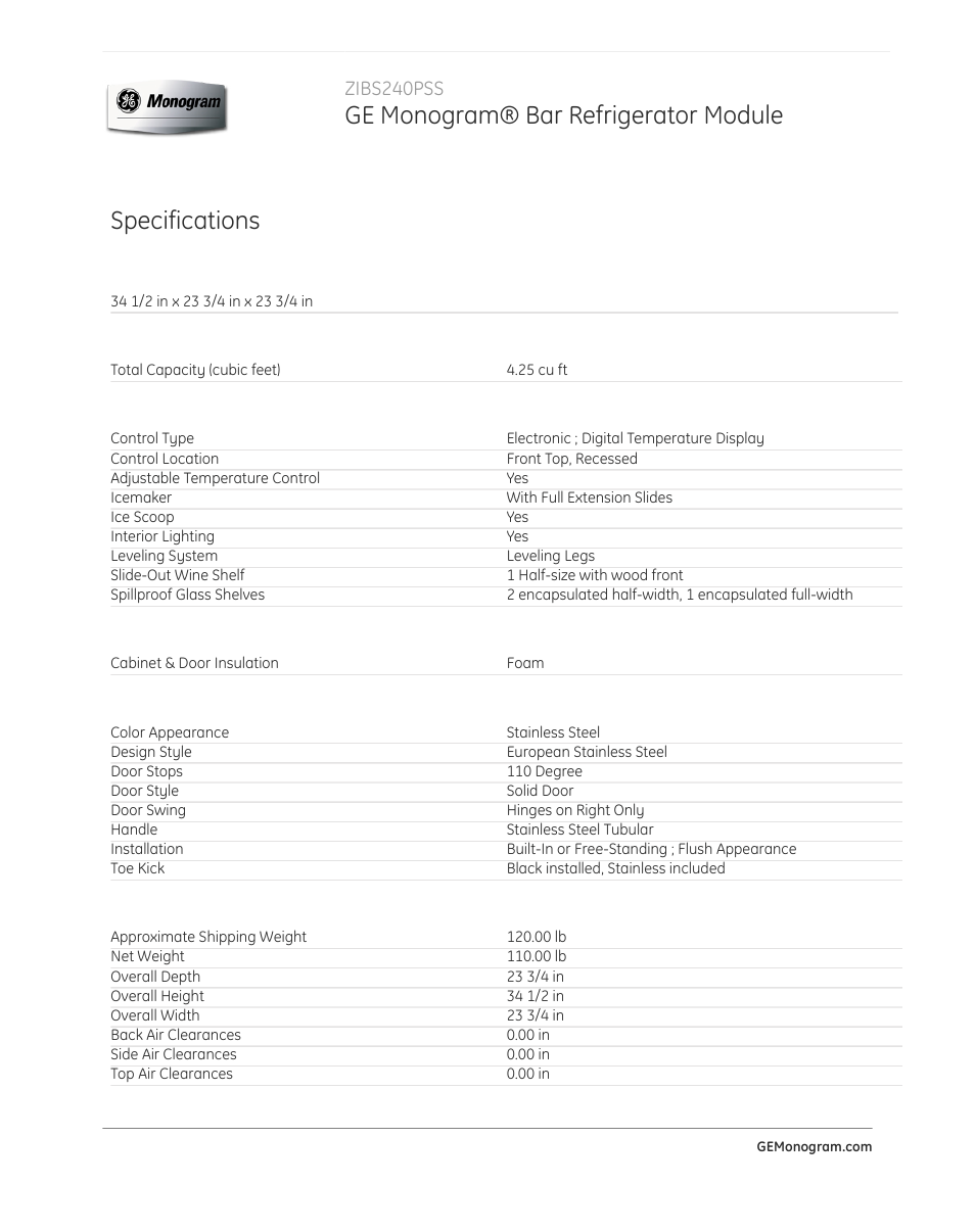 Ge monogram® bar refrigerator module, Specifications, Zibs240pss | GE ZIBS240PSS User Manual | Page 2 / 3