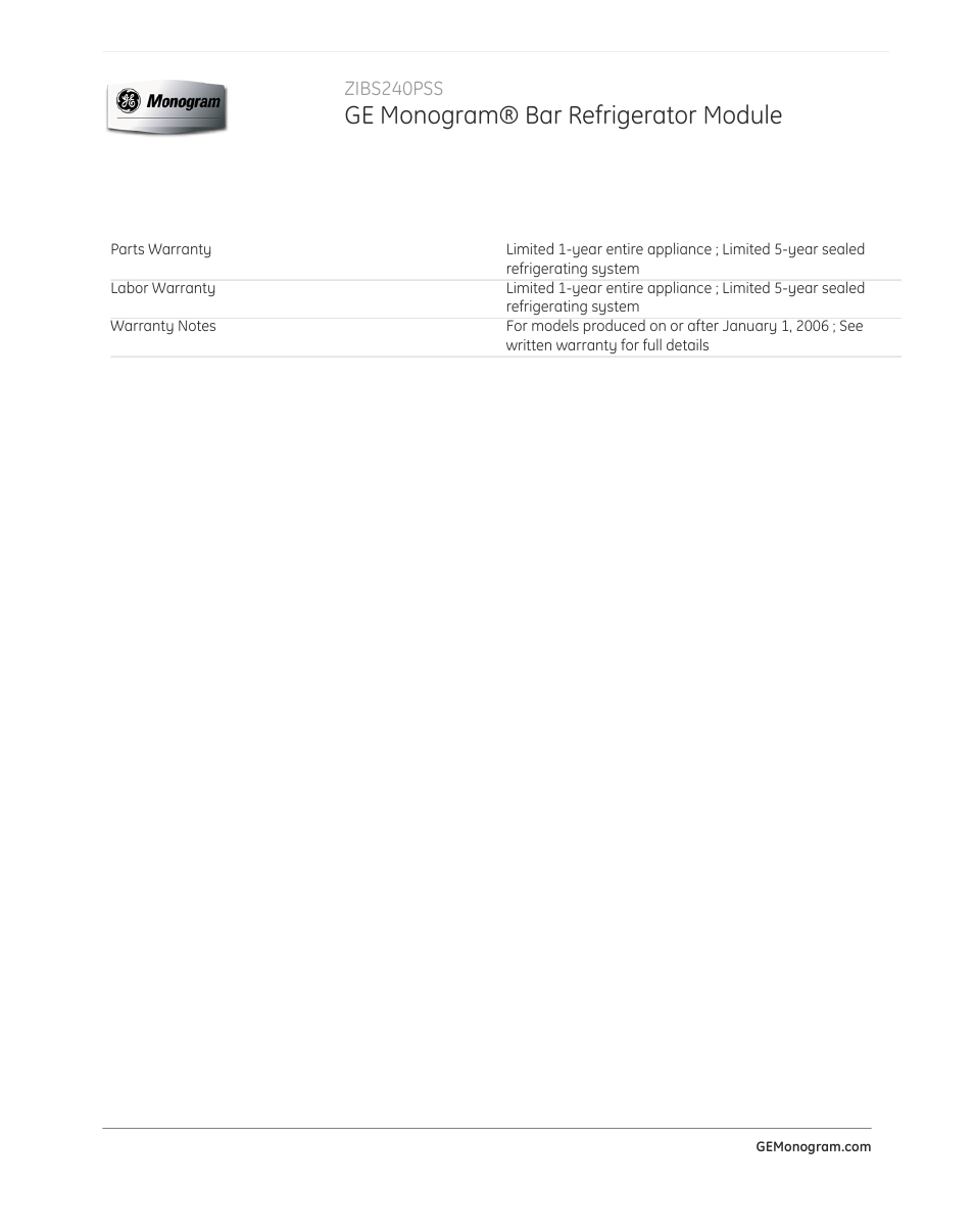 Ge monogram® bar refrigerator module | GE ZIBS240PSS User Manual | Page 3 / 3