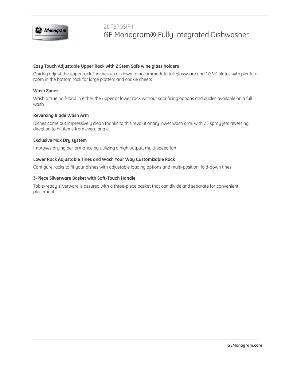 Ge monogram® fully integrated dishwasher | GE ZDT870SIFII User Manual | Page 2 / 5