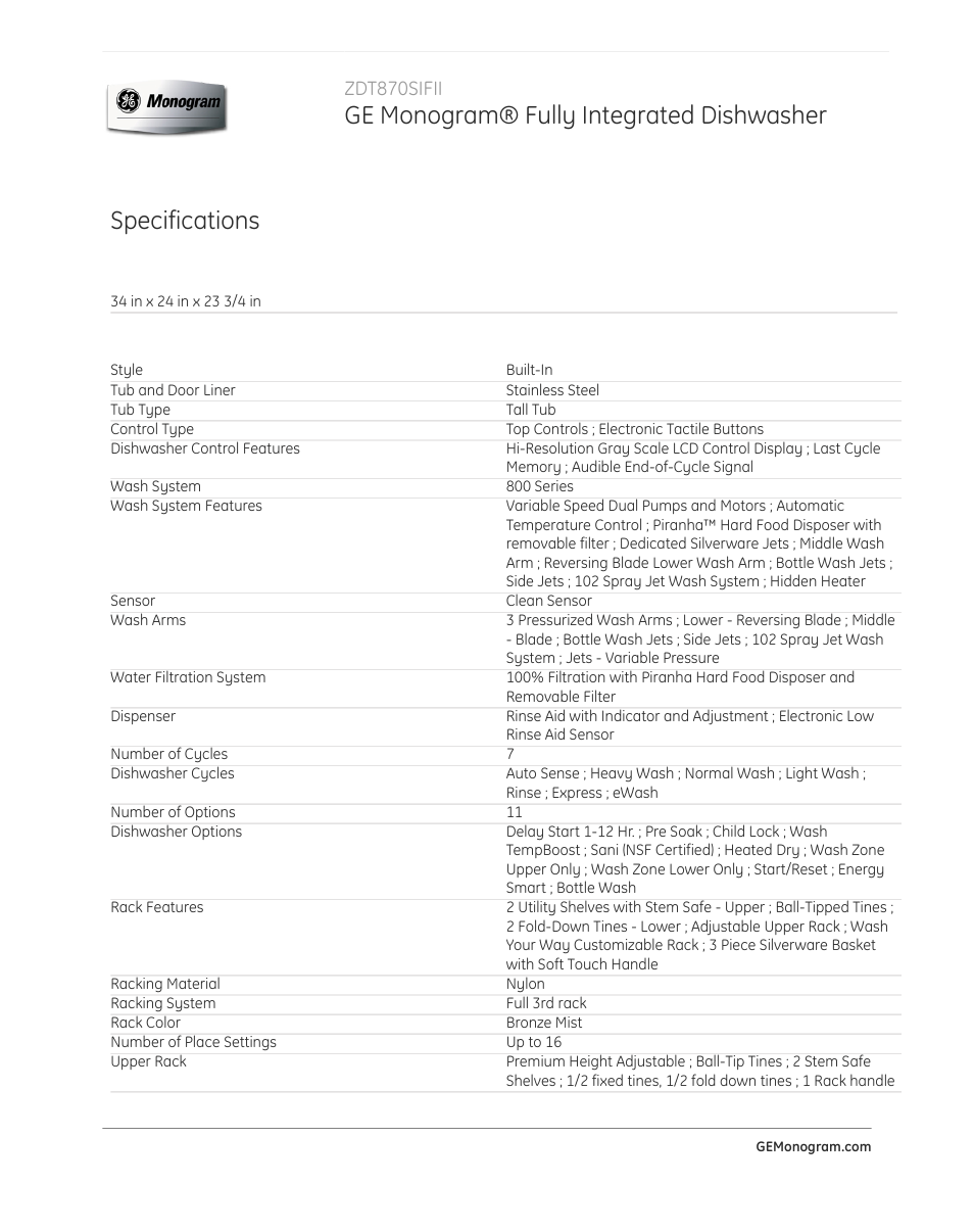 Ge monogram® fully integrated dishwasher, Specifications, Zdt870sifii | GE ZDT870SIFII User Manual | Page 3 / 5