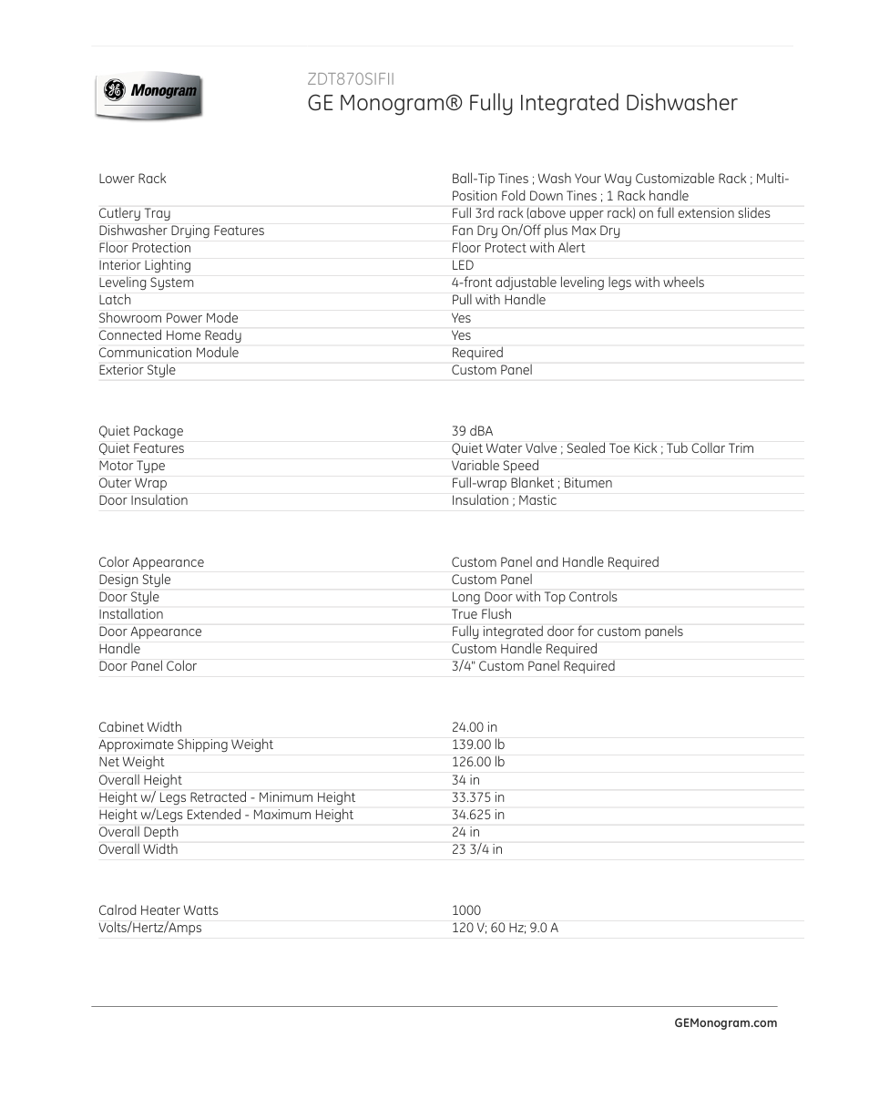 Ge monogram® fully integrated dishwasher, Zdt870sifii | GE ZDT870SIFII User Manual | Page 4 / 5