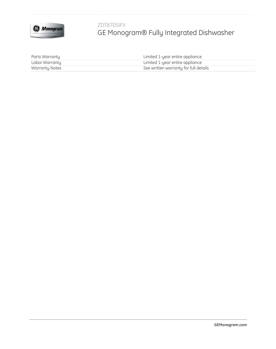 Ge monogram® fully integrated dishwasher | GE ZDT870SIFII User Manual | Page 5 / 5