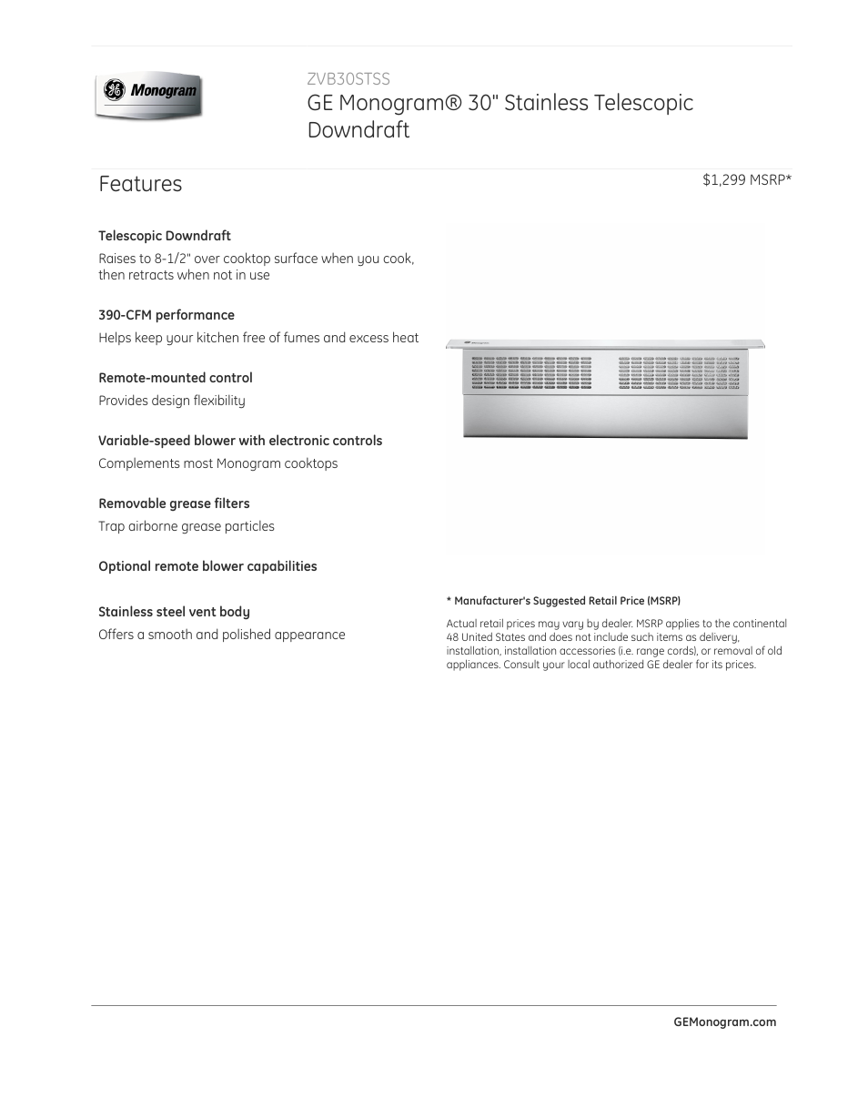 GE ZVB30STSS User Manual | 2 pages