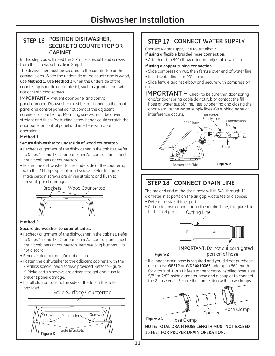 Dishwasher installation, Important, Step 17 connect water supply | Step 18 connect drain line, Step 16, Solid surface countertop | GE ZDT800SSFSS User Manual | Page 11 / 48