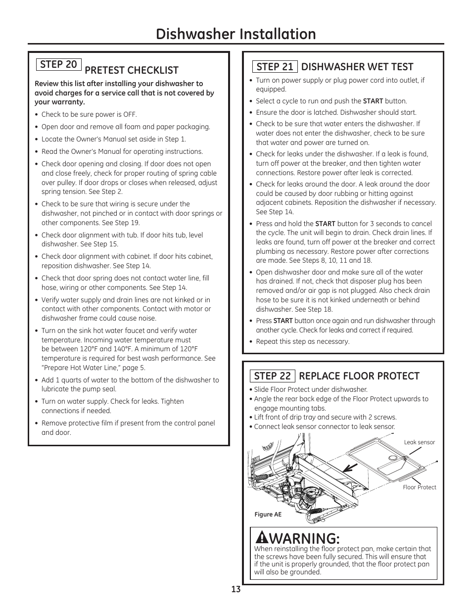 Dishwasher installation, Warning, Step 20 | Step 22 replace floor protect | GE ZDT800SSFSS User Manual | Page 13 / 48