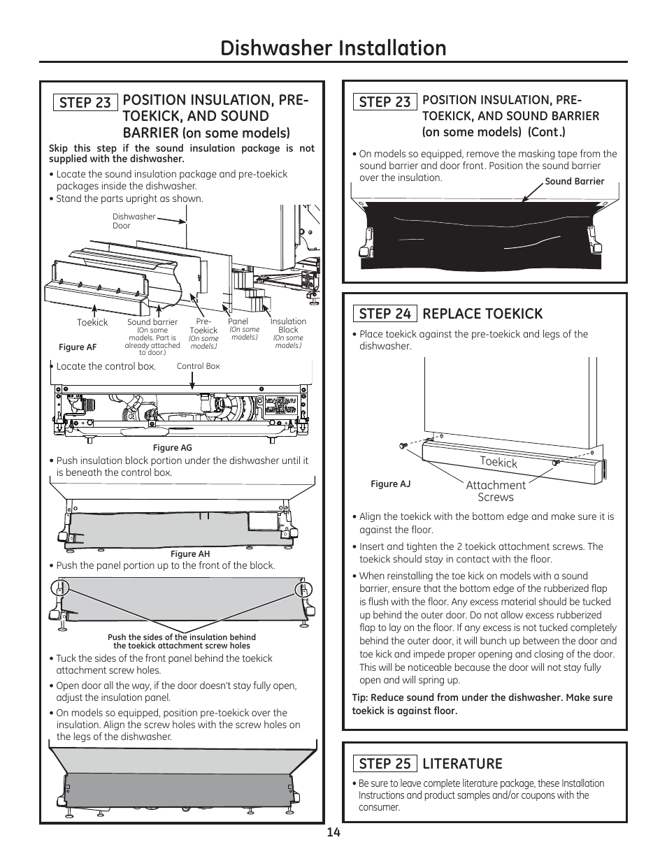 Dishwasher installation, Step 23, Step 25 literature | Step 24 replace toekick, On some models) | GE ZDT800SSFSS User Manual | Page 14 / 48