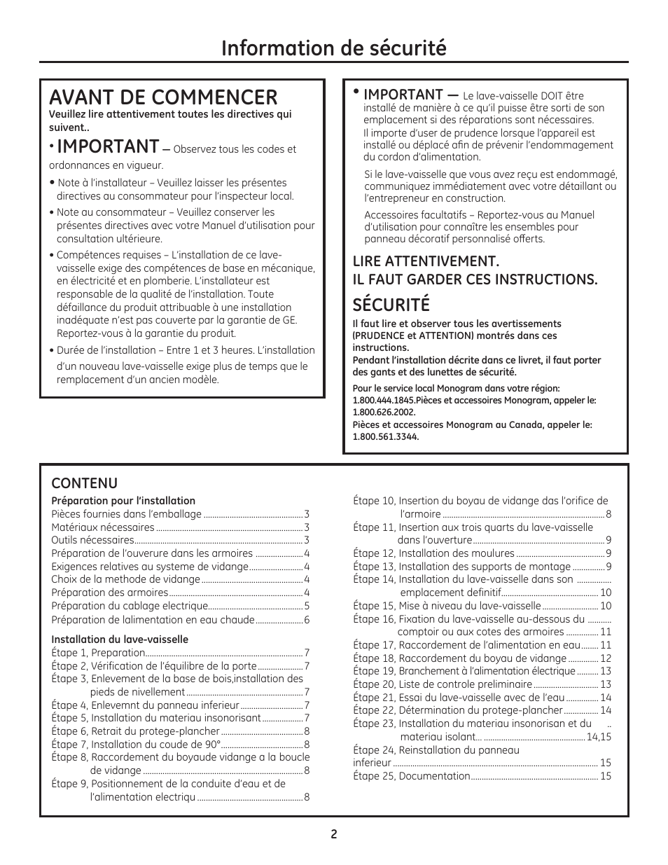 Information de sécurité, Avant de commencer, Important | Sécurité, Contenu | GE ZDT800SSFSS User Manual | Page 18 / 48