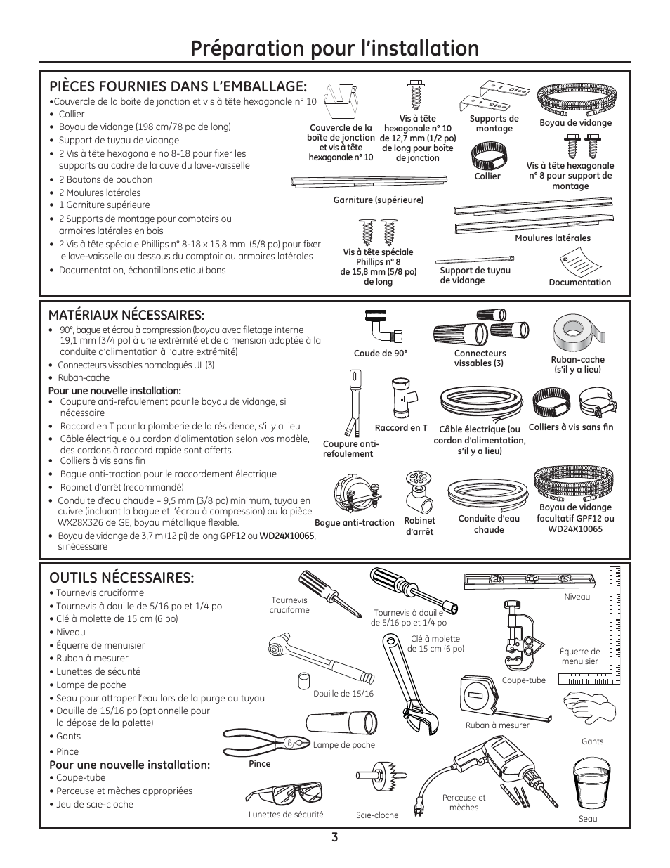 Préparation pour l’installation, Outils nécessaires, Pièces fournies dans l’emballage | Matériaux nécessaires | GE ZDT800SSFSS User Manual | Page 19 / 48