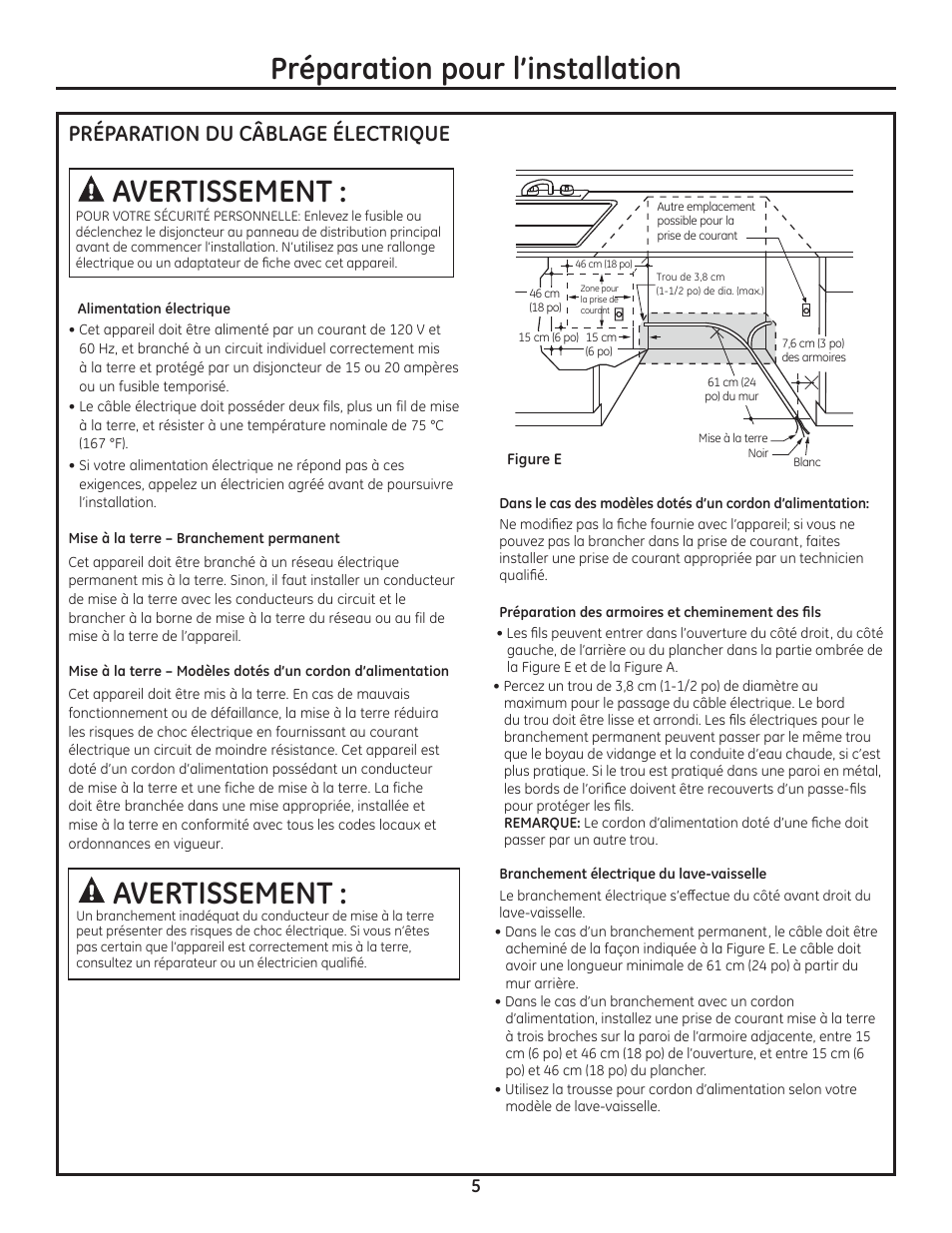 Préparation pour l’installation avertissement, Avertissement, Préparation du câblage électrique | GE ZDT800SSFSS User Manual | Page 21 / 48