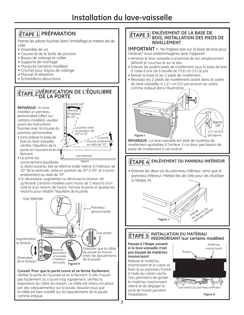 Installation du lave-vaisselle, Étape 4, Étape 3 préparation | Étape 1 vérification de l’équilibre de la porte, Étape 2, Étape 5, Important | GE ZDT800SSFSS User Manual | Page 23 / 48