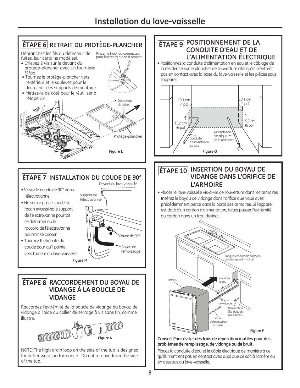 Installation du lave-vaisselle, Étape 6, Étape 7 | Retrait du protège-plancher, Installation du coude de 90 | GE ZDT800SSFSS User Manual | Page 24 / 48