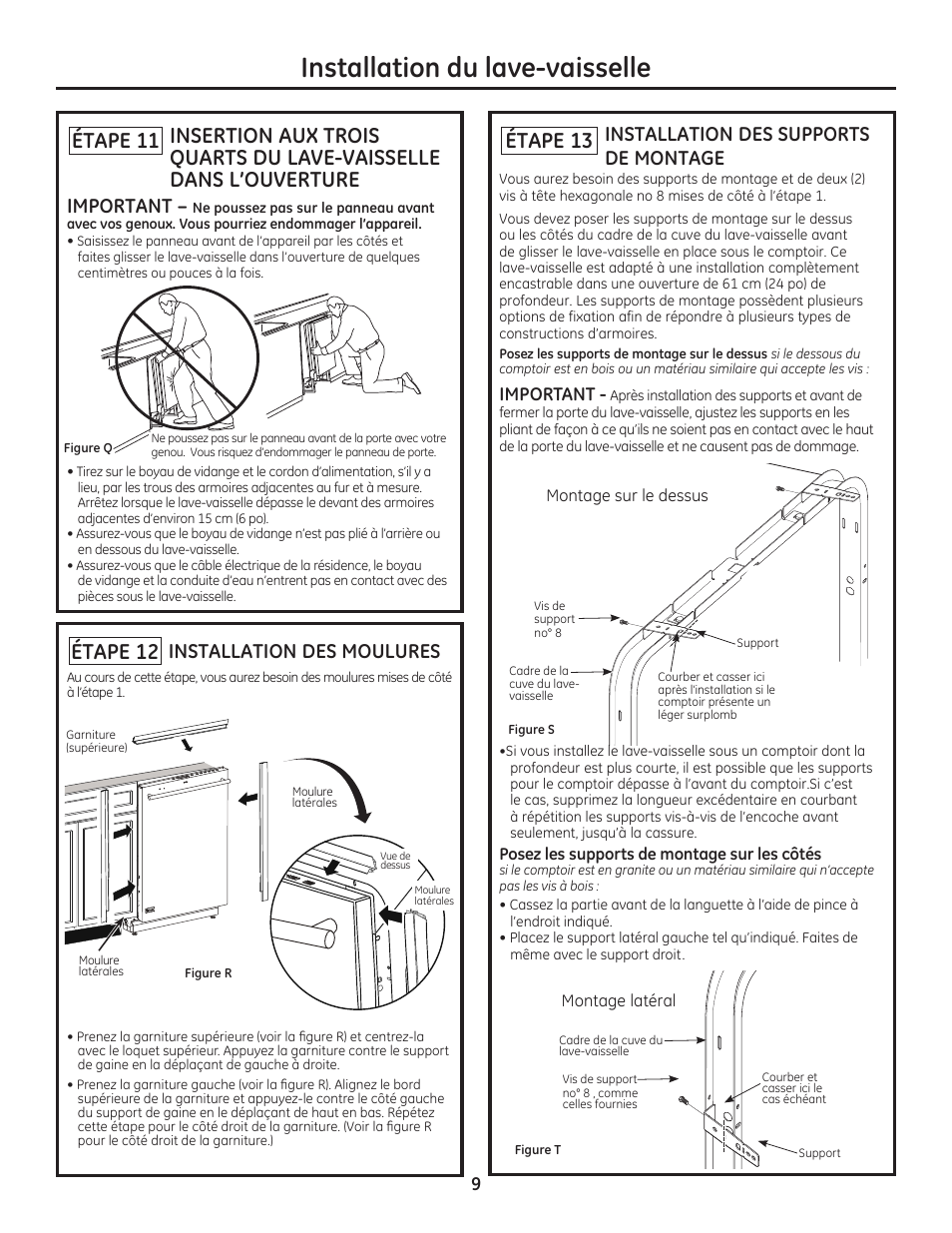 Installation du lave-vaisselle, Étape 13, Étape 12 | Installation des supports de montage, Installation des moulures, Important | GE ZDT800SSFSS User Manual | Page 25 / 48