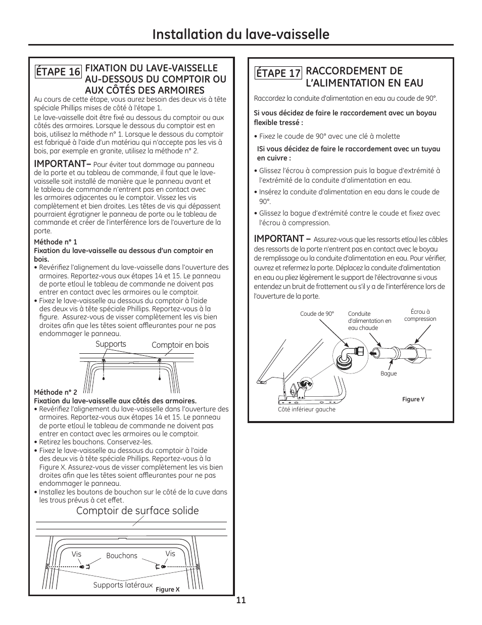 Installation du lave-vaisselle, Étape 16, Étape 17 raccordement de l’alimentation en eau | Comptoir de surface solide, Important | GE ZDT800SSFSS User Manual | Page 27 / 48