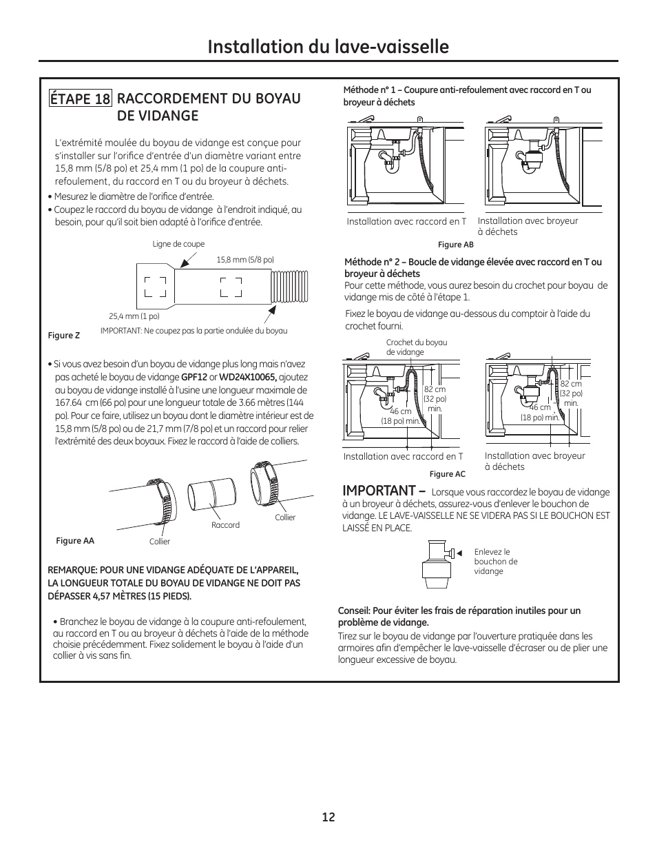 Installation du lave-vaisselle, Étape 18 raccordement du boyau de vidange, Important | GE ZDT800SSFSS User Manual | Page 28 / 48