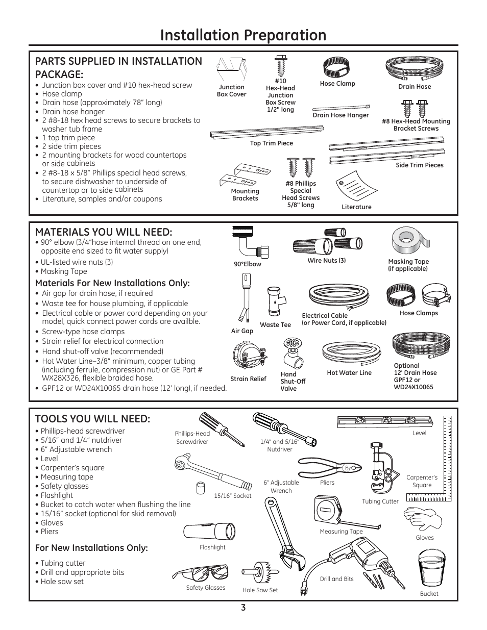 Installation preparation, Parts supplied in installation package, Tools you will need | Materials you will need, For new installations only, Materials for new installations only | GE ZDT800SSFSS User Manual | Page 3 / 48