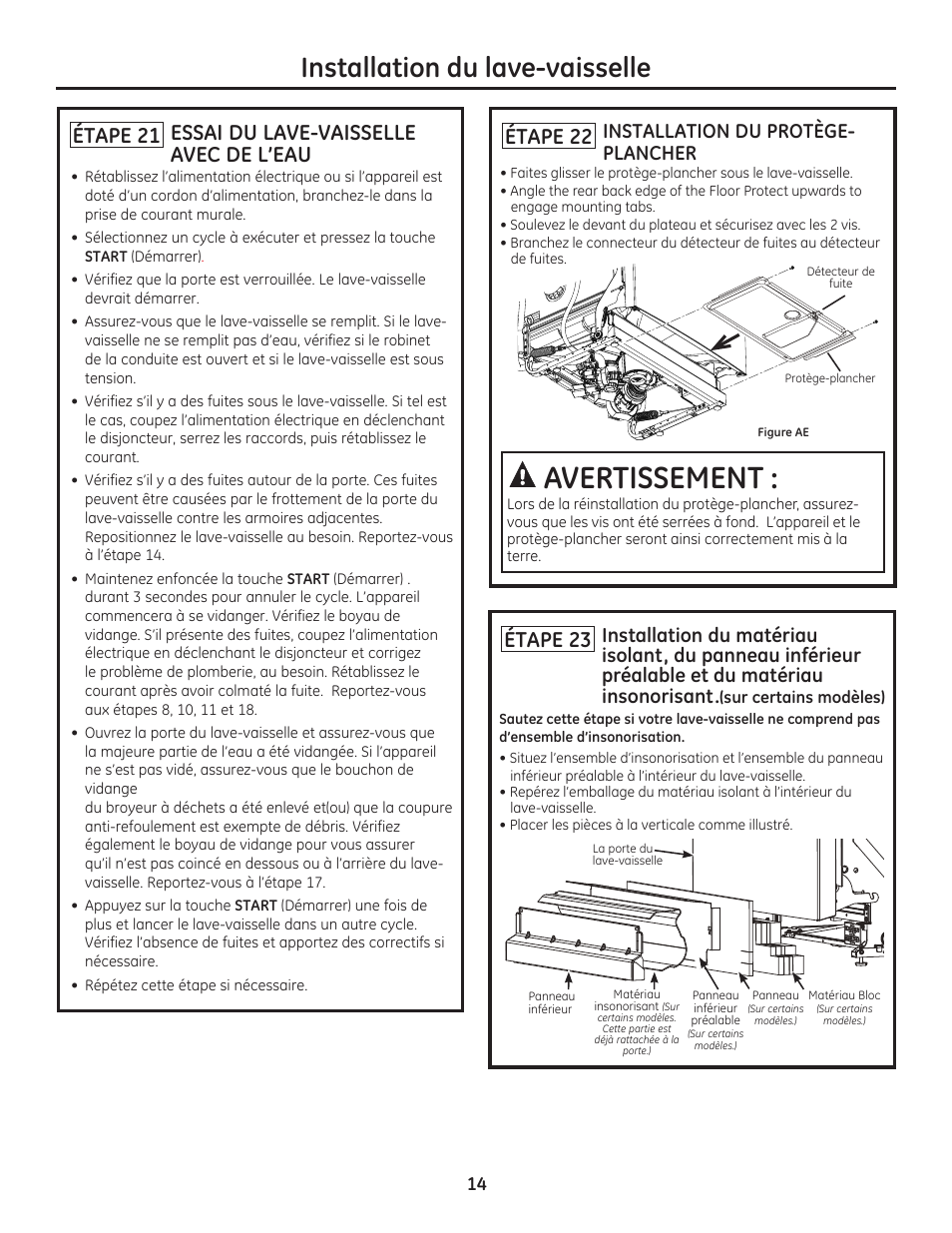 Avertissement, Installation du lave-vaisselle, Étape 21 essai du lave-vaisselle avec de l’eau | Étape 22, Étape 23, Installation du protège- plancher | GE ZDT800SSFSS User Manual | Page 30 / 48