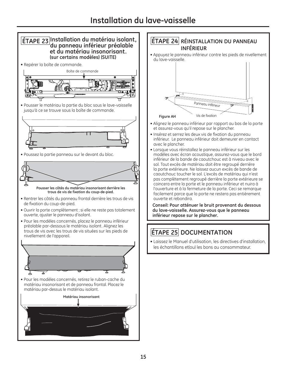 Installation du lave-vaisselle, Étape 23, Étape 24 | Étape 25, Documentation | GE ZDT800SSFSS User Manual | Page 31 / 48