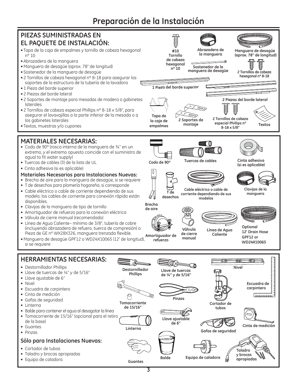 Preparación de la instalación, Herramientas necesarias, Materiales necesarias | Piezas suministradas en el paquete de instalación, Sólo para instalaciones nuevas | GE ZDT800SSFSS User Manual | Page 35 / 48