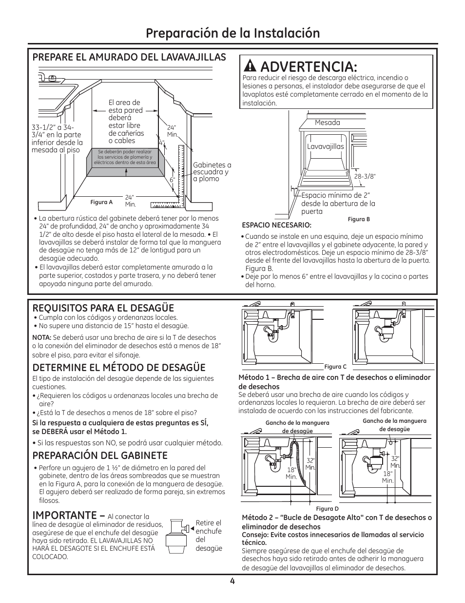 Advertencia, Preparación de la instalación, Importante | Requisitos para el desagüe, Determine el método de desagüe, Preparación del gabinete, Prepare el amurado del lavavajillas | GE ZDT800SSFSS User Manual | Page 36 / 48