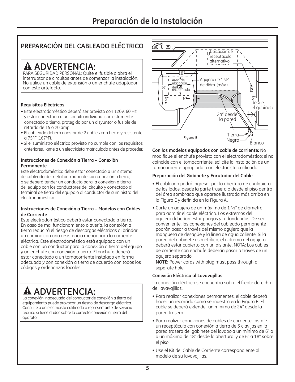 Advertencia, Preparación de la instalación, Preparación del cableado eléctrico | GE ZDT800SSFSS User Manual | Page 37 / 48