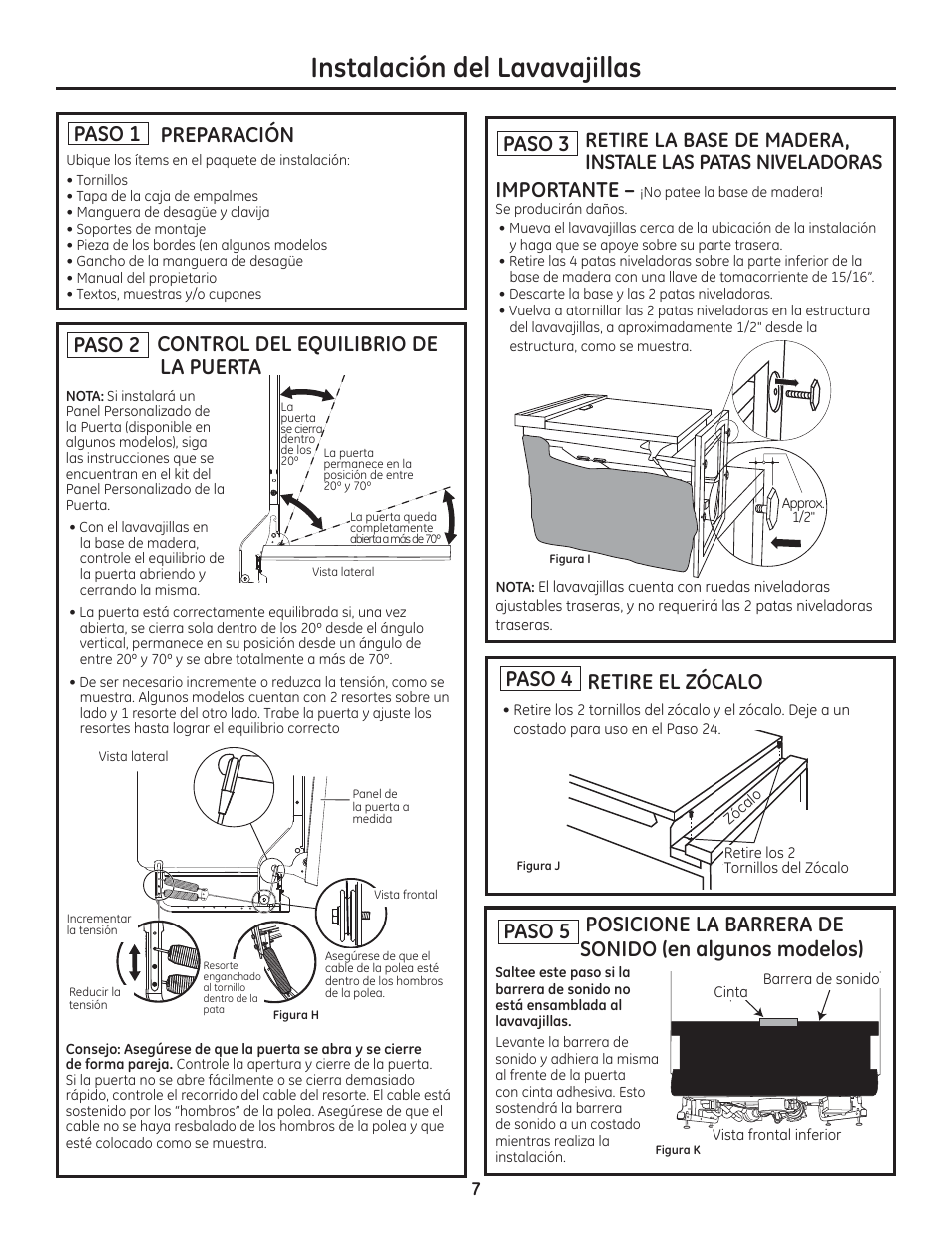 Instalación del lavavajillas, Paso 2, Control del equilibrio de la puerta | Paso 1 preparación, Paso 4 paso 5 | GE ZDT800SSFSS User Manual | Page 39 / 48