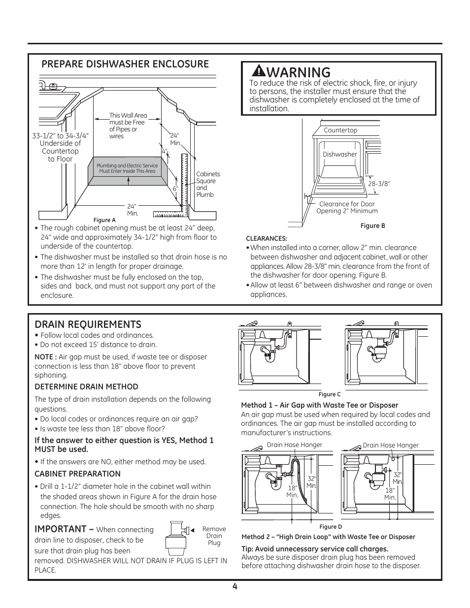 Warning, Drain requirements, Important | GE ZDT800SSFSS User Manual | Page 4 / 48