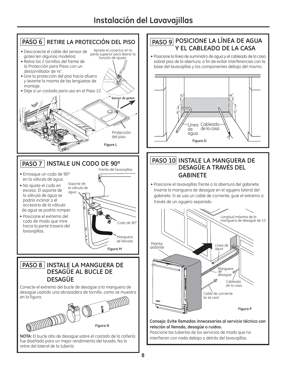 Instalación del lavavajillas, Paso 7 instale un codo de 90º, Paso 6 | Retire la protección del piso | GE ZDT800SSFSS User Manual | Page 40 / 48