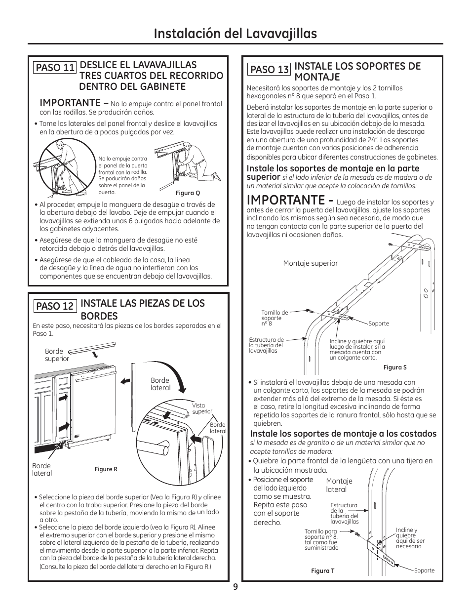 Importante, Instalación del lavavajillas, Paso 13 instale los soportes de montaje | Paso 12 instale las piezas de los bordes, Paso 11 | GE ZDT800SSFSS User Manual | Page 41 / 48