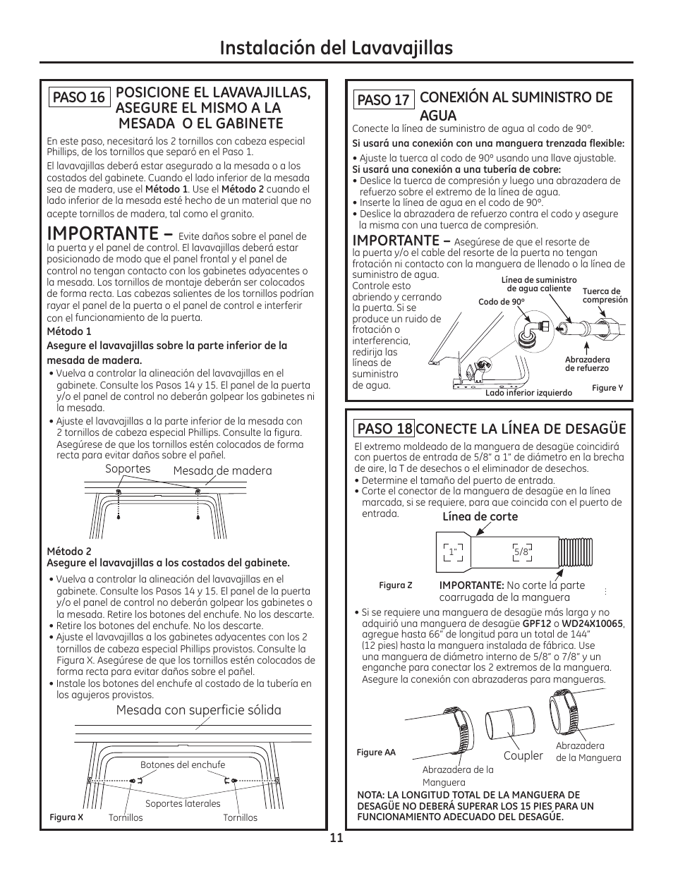 Instalación del lavavajillas, Paso 18 conecte la línea de desagüe, Paso 17 conexión al suministro de agua | Importante, Paso 16, Mesada con superficie sólida | GE ZDT800SSFSS User Manual | Page 43 / 48