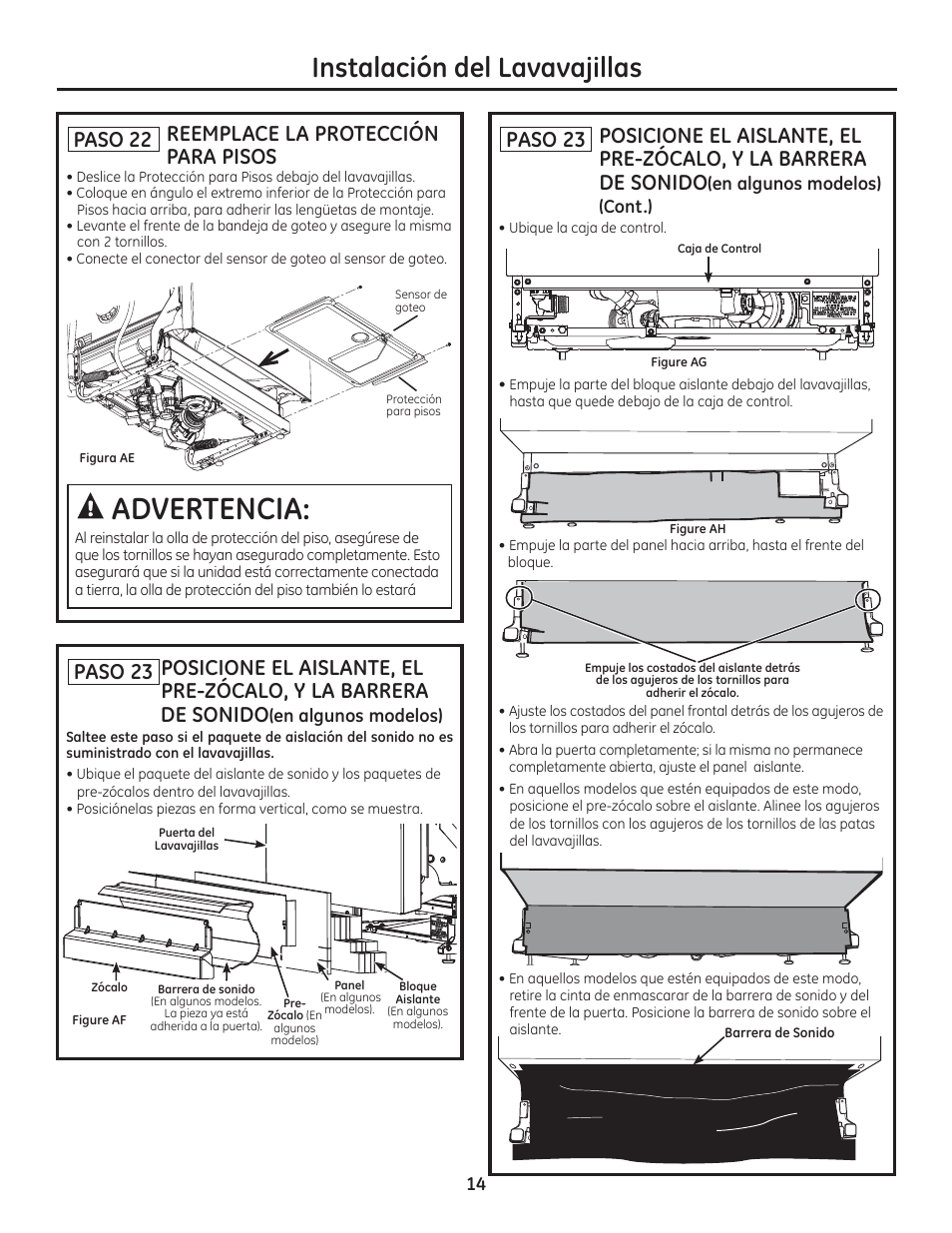 Advertencia, Instalación del lavavajillas, Paso 22 reemplace la protección para pisos | Paso 23 | GE ZDT800SSFSS User Manual | Page 46 / 48