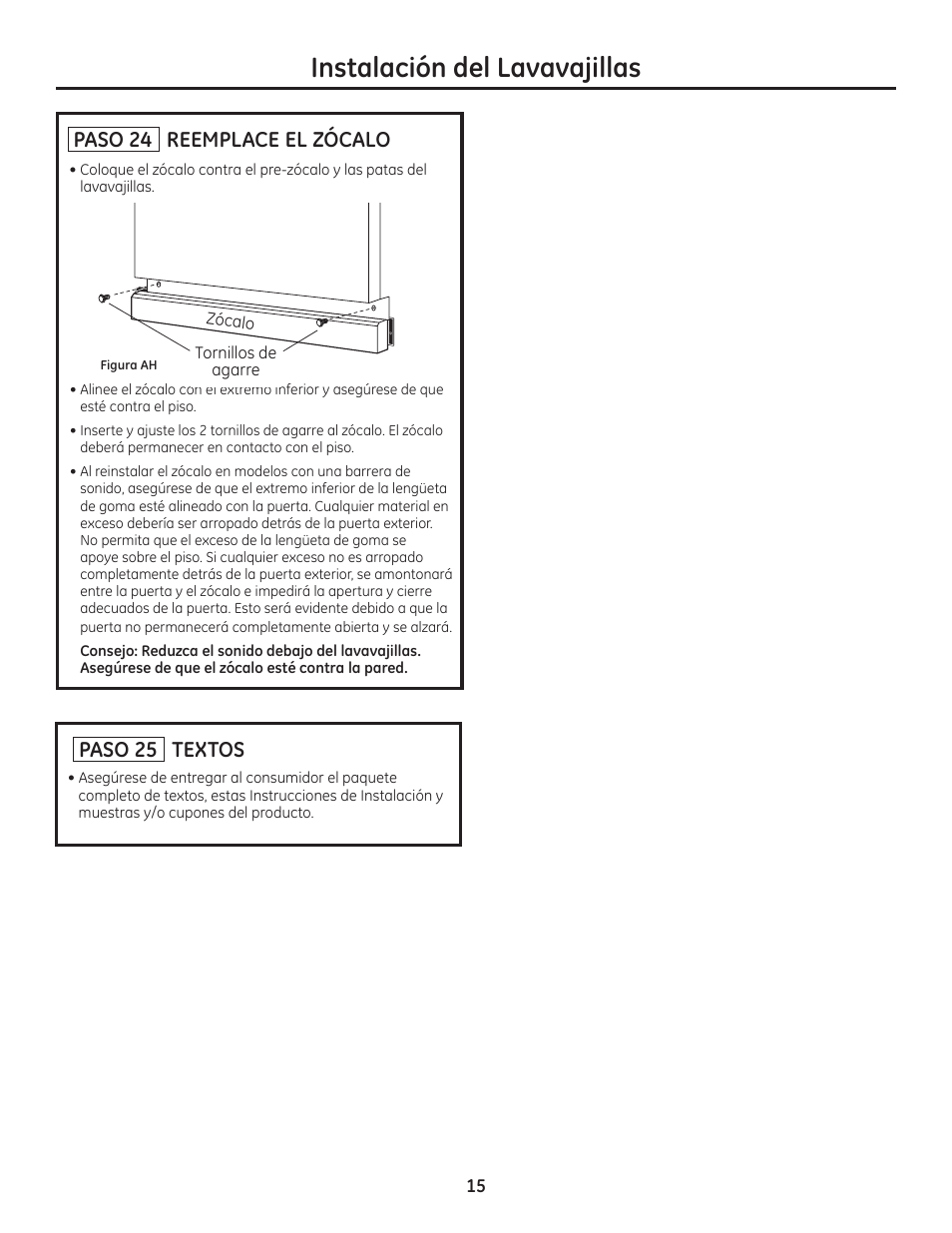 Instalación del lavavajillas, Paso 24 reemplace el zócalo, Paso 25 textos | GE ZDT800SSFSS User Manual | Page 47 / 48