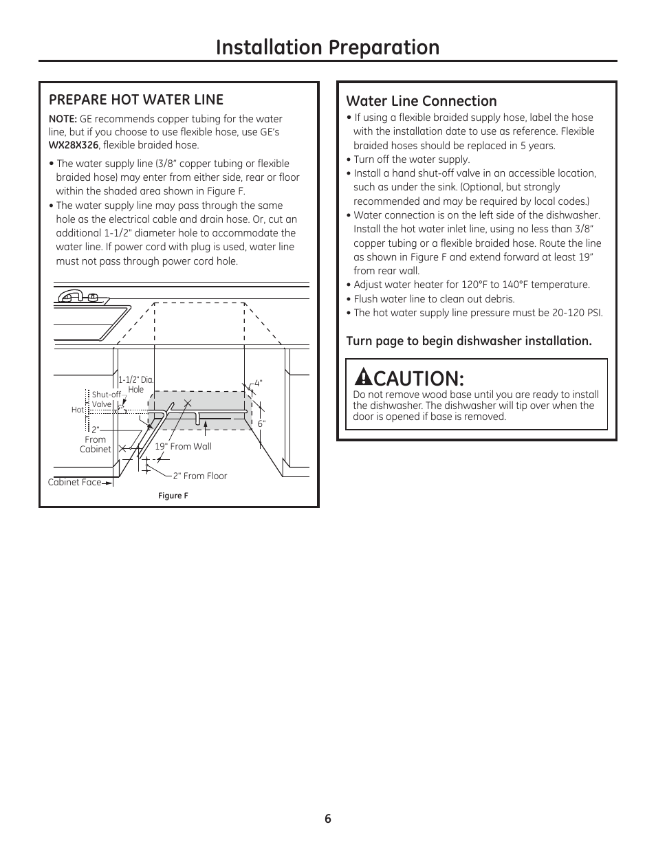 Installation preparation, Caution, Water line connection | GE ZDT800SSFSS User Manual | Page 6 / 48