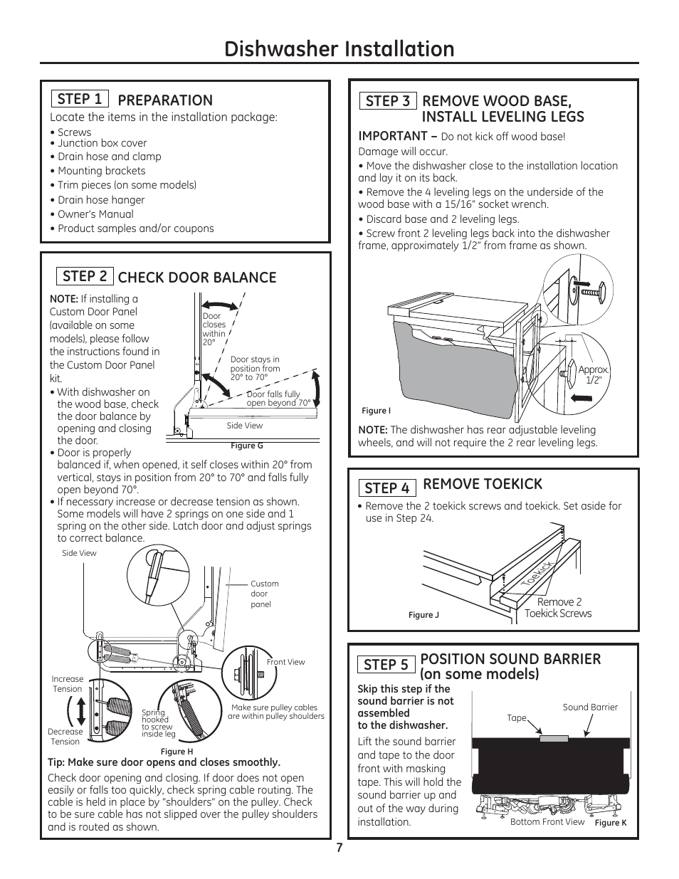 Dishwasher installation, Remove toekick, Step 1 preparation | Step 3 remove wood base, install leveling legs, Step 2, Position sound barrier (on some models), Step 4 step 5 | GE ZDT800SSFSS User Manual | Page 7 / 48