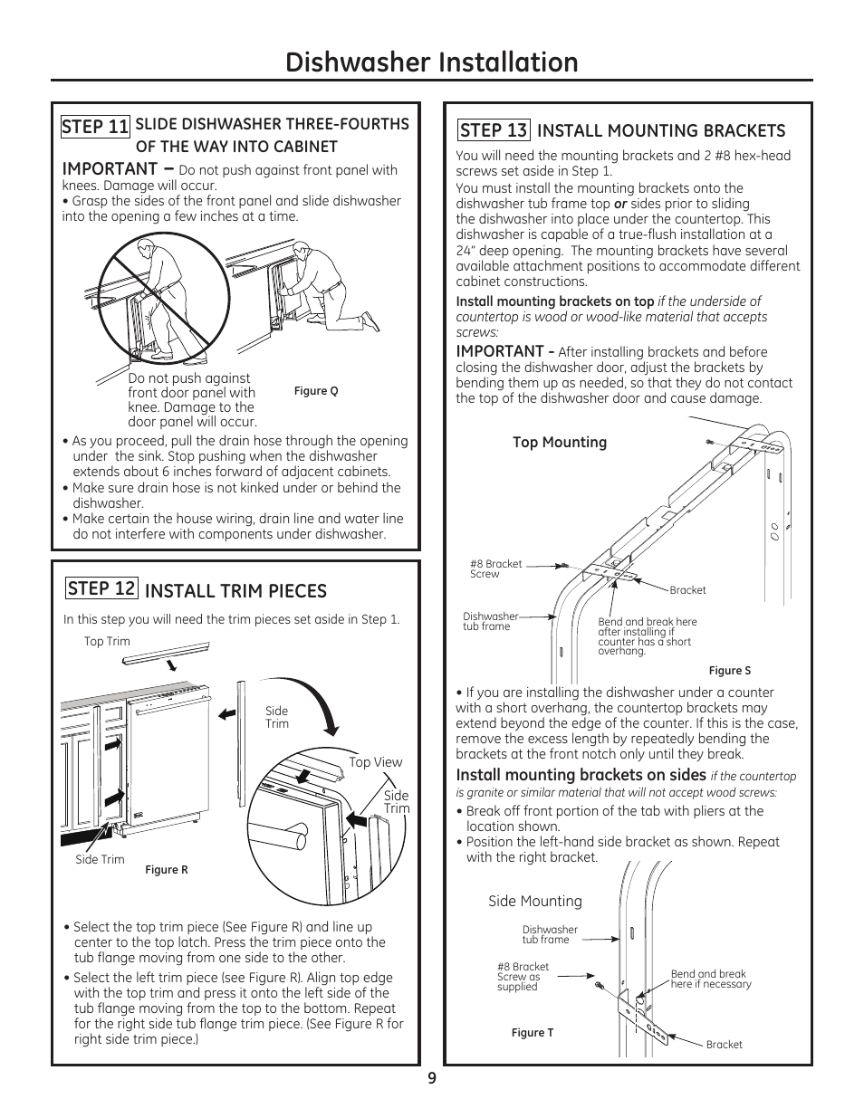 Dishwasher installation, Step 12 install trim pieces, Step 13 | Step 11, Install mounting brackets, Important | GE ZDT800SSFSS User Manual | Page 9 / 48