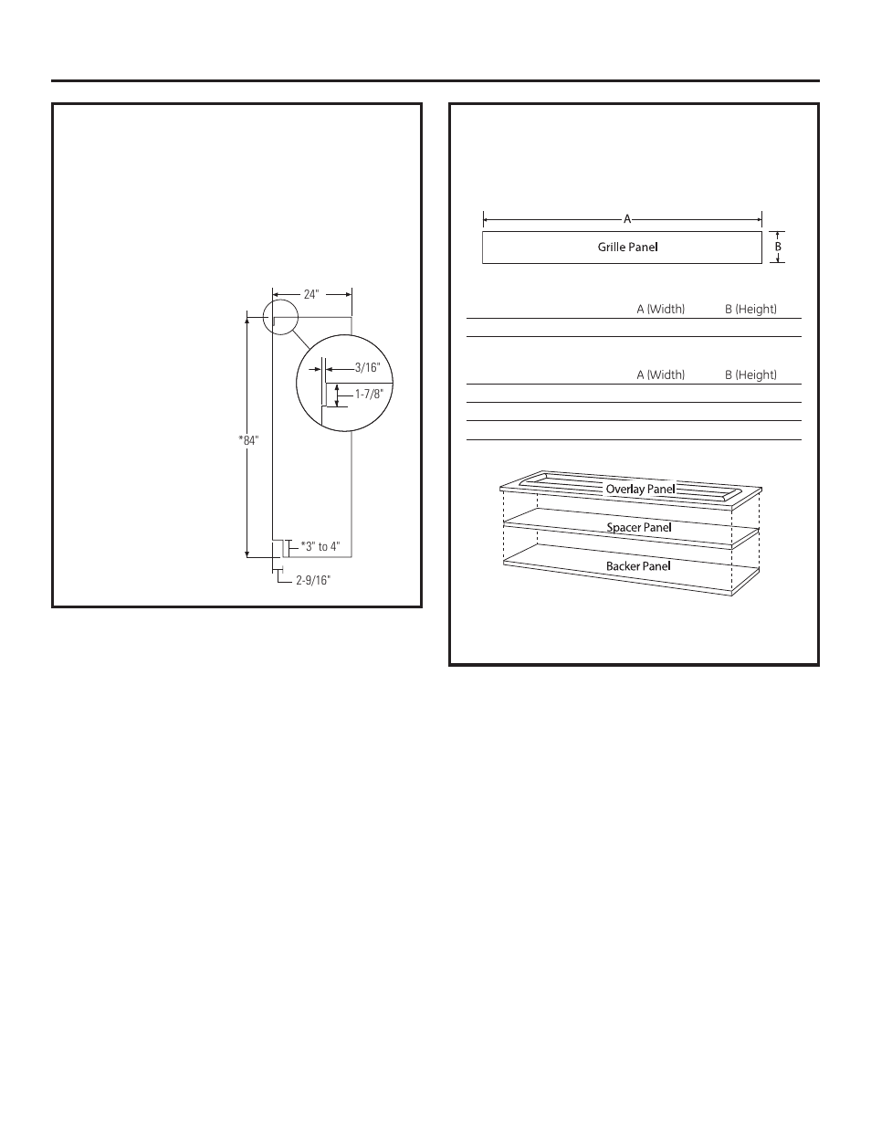 Design guide, Side panels, Zug2 grille panel dimensions | GE ZICP360NXRH User Manual | Page 8 / 20
