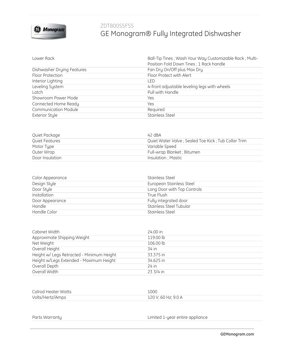 Ge monogram® fully integrated dishwasher, Zdt800ssfss | GE ZDT800SSFSS User Manual | Page 4 / 5