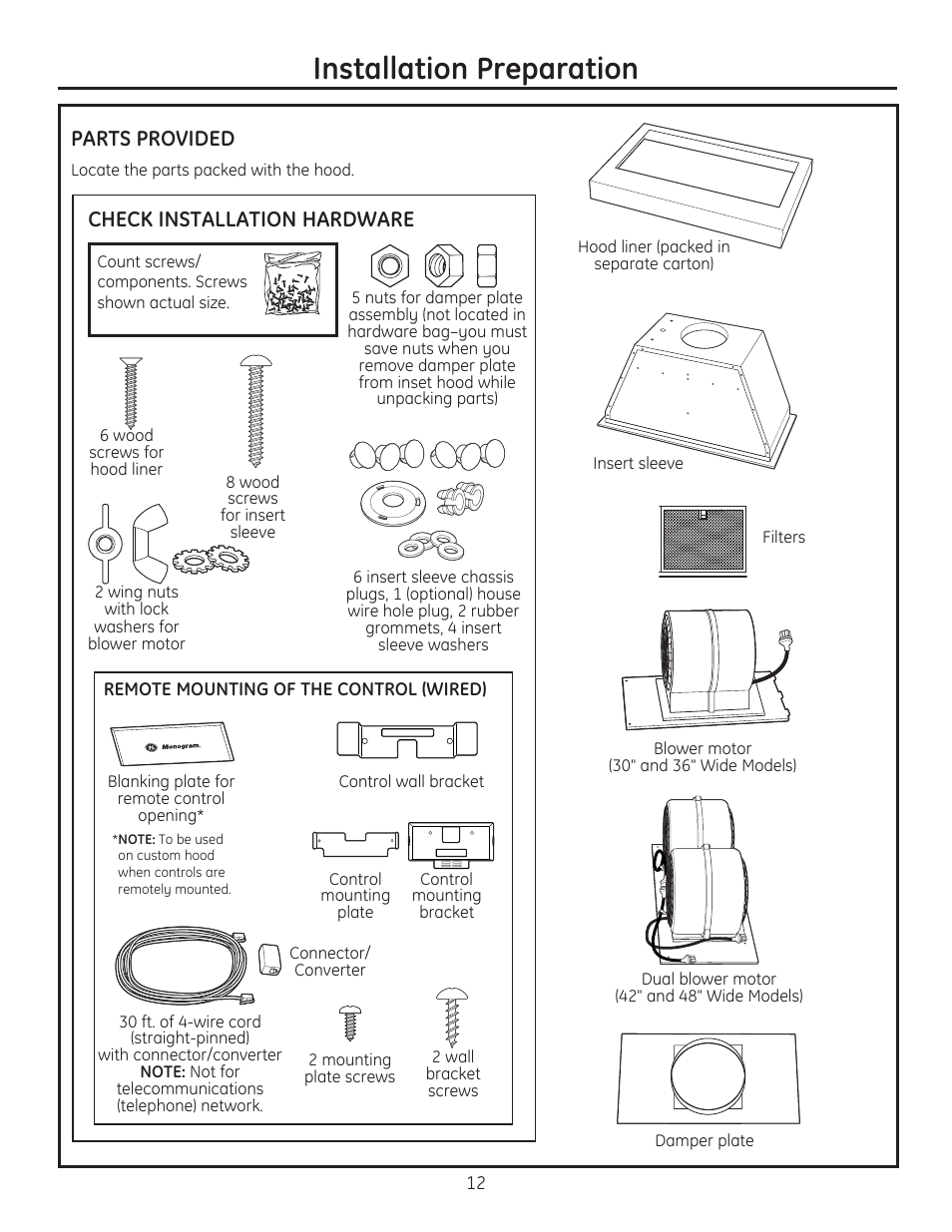 Installation preparation, Parts provided, Check installation hardware | GE ZVC42LSS User Manual | Page 12 / 68