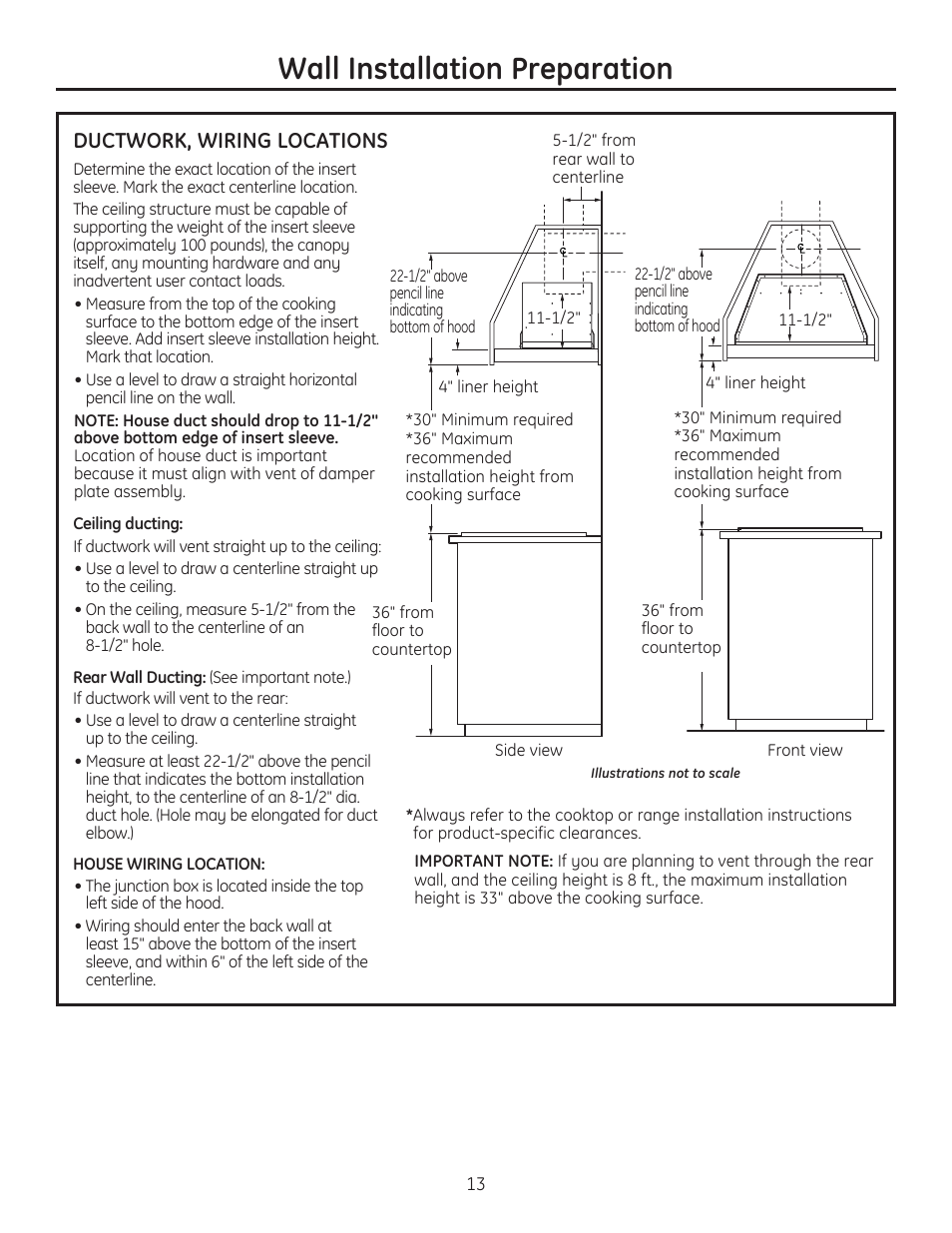 Wall installation preparation, Ductwork, wiring locations | GE ZVC42LSS User Manual | Page 13 / 68