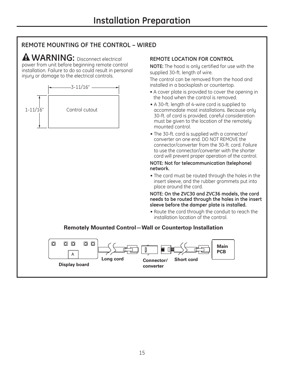 Installation preparation warning | GE ZVC42LSS User Manual | Page 15 / 68