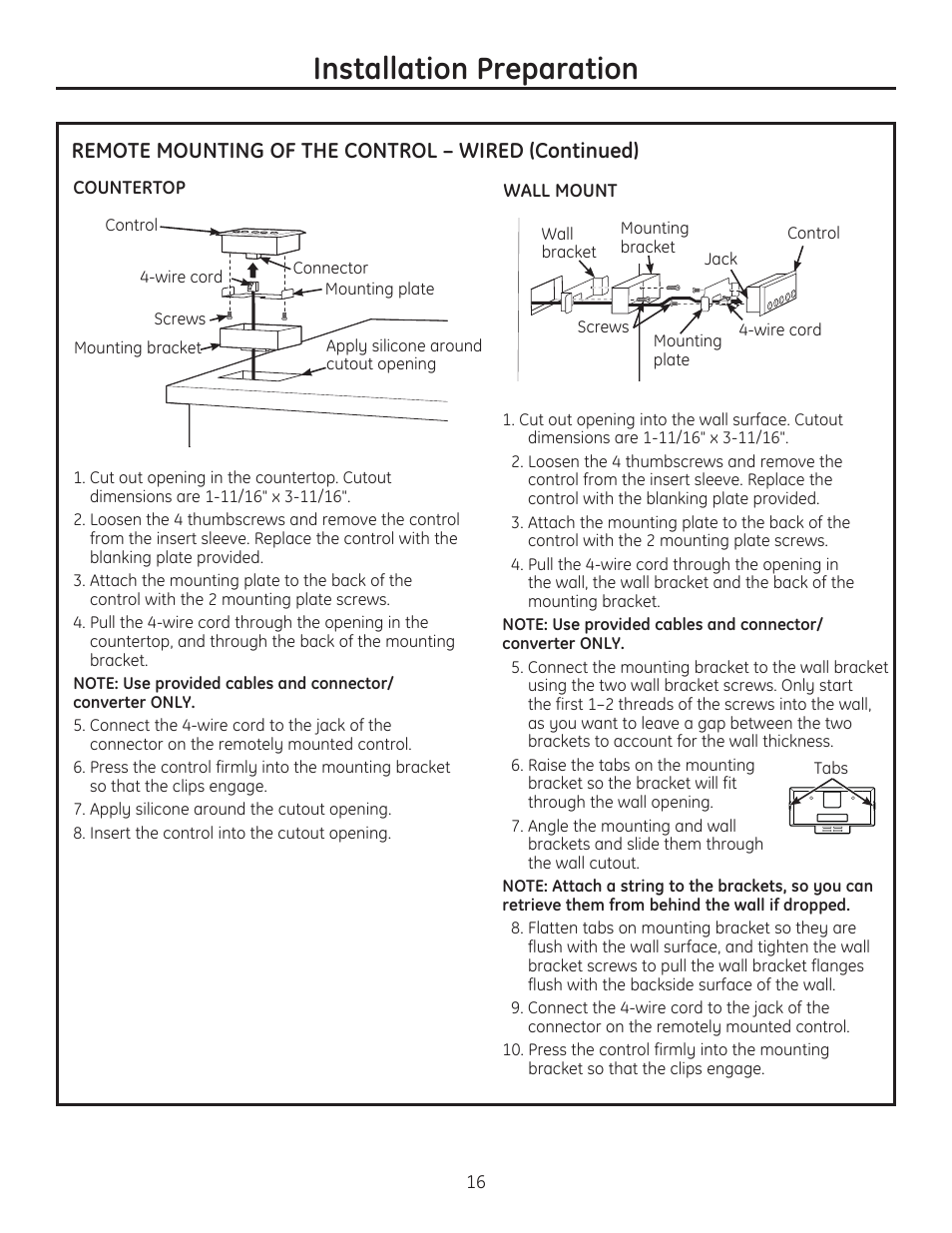 Installation preparation, Remote mounting of the control – wired (continued) | GE ZVC42LSS User Manual | Page 16 / 68