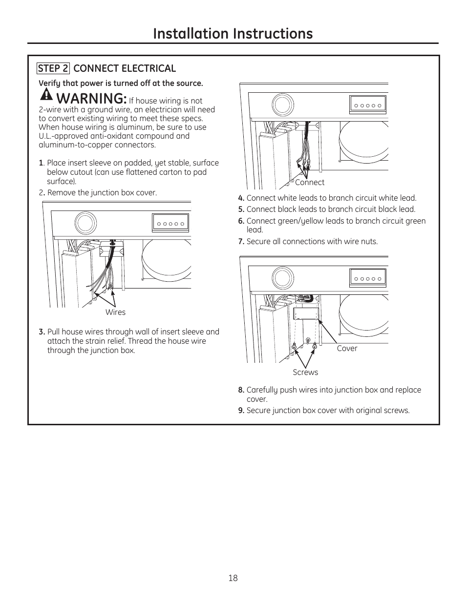 Installation instructions, Warning | GE ZVC42LSS User Manual | Page 18 / 68