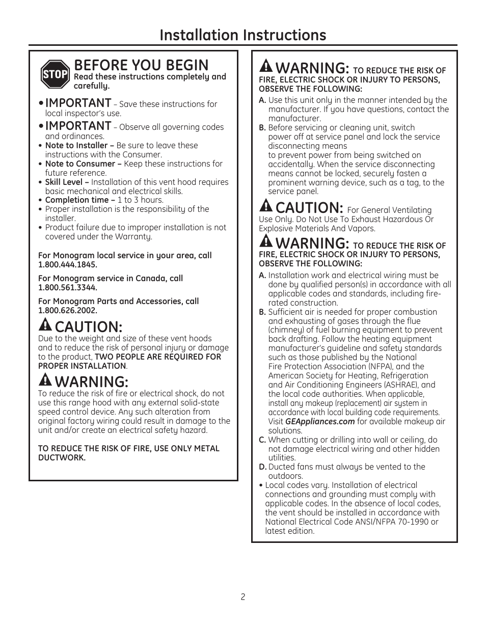 Installation instructions warning, Caution, Warning | Before you begin, Important | GE ZVC42LSS User Manual | Page 2 / 68