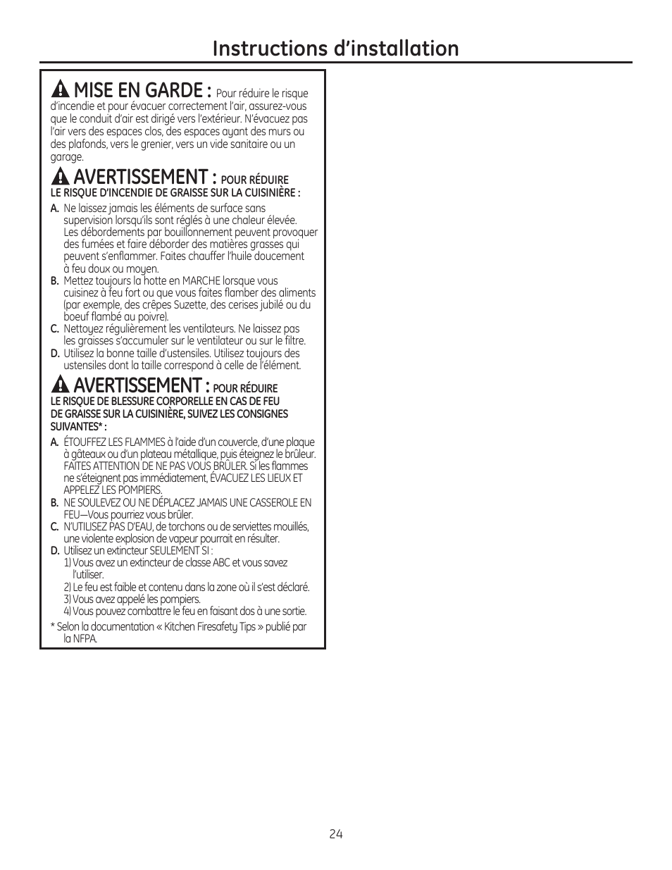Instructions d’installation mise en garde, Avertissement | GE ZVC42LSS User Manual | Page 24 / 68