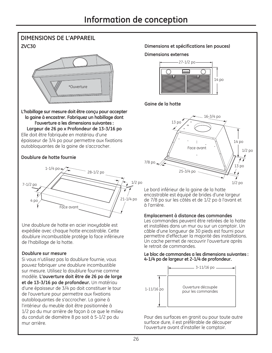 Information de conception, Dimensions de l’appareil | GE ZVC42LSS User Manual | Page 26 / 68