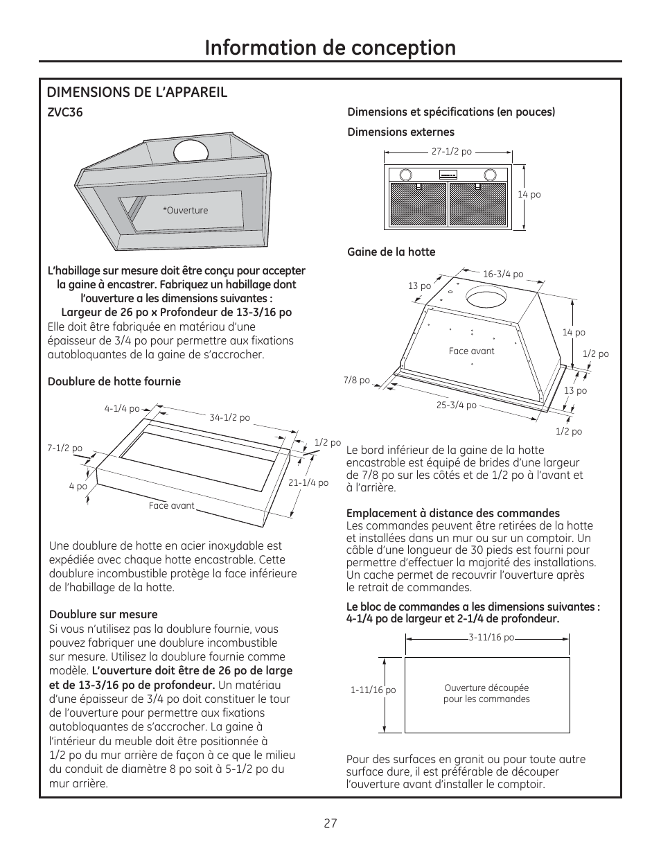 Information de conception, Dimensions de l’appareil | GE ZVC42LSS User Manual | Page 27 / 68