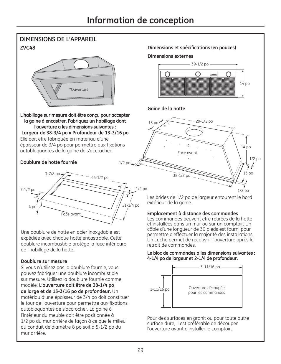 Information de conception, Dimensions de l’appareil | GE ZVC42LSS User Manual | Page 29 / 68