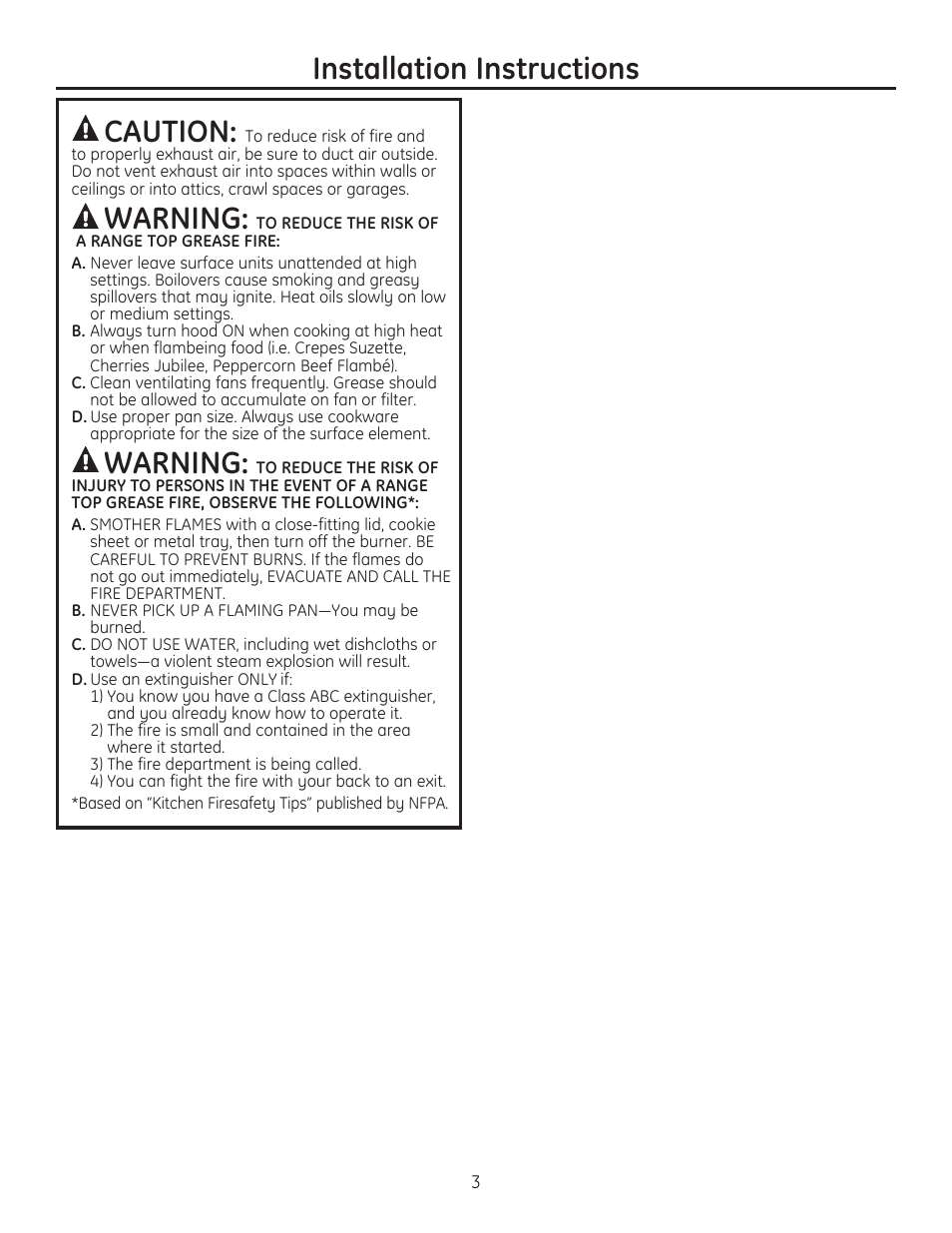 Installation instructions caution, Warning | GE ZVC42LSS User Manual | Page 3 / 68
