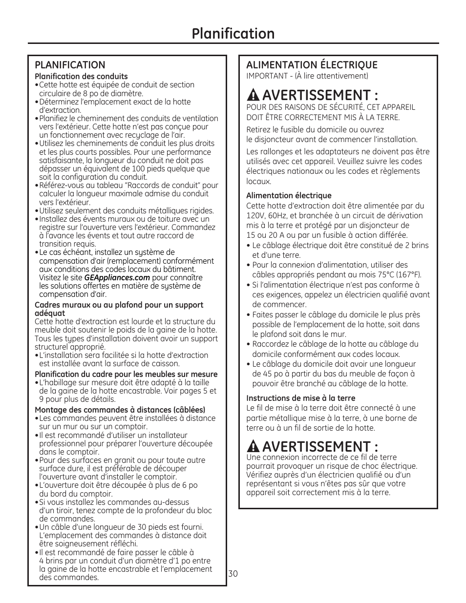 Planification, Avertissement | GE ZVC42LSS User Manual | Page 30 / 68