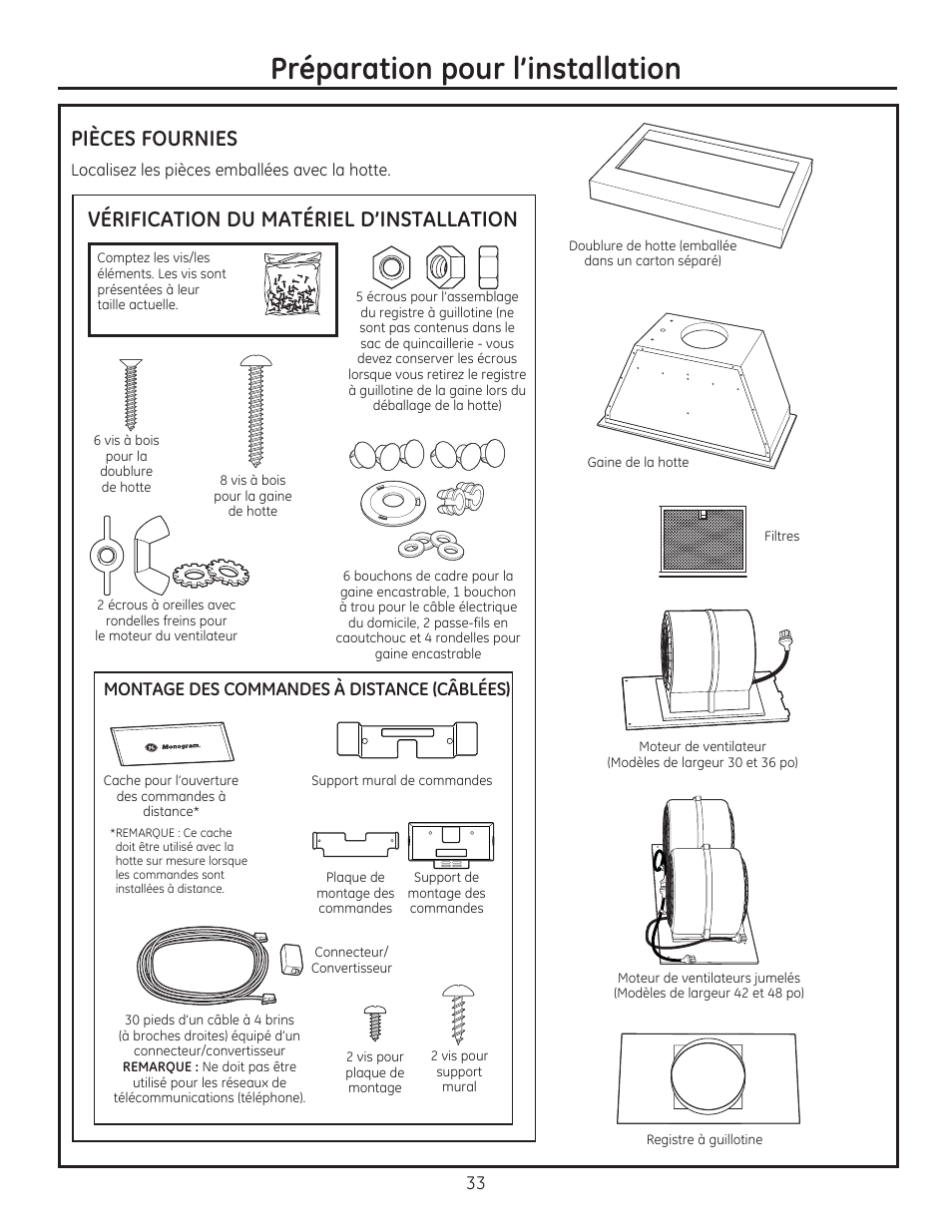 Préparation pour l’installation, Pièces fournies, Vérification du matériel d’installation | Montage des commandes à distance (câblées) | GE ZVC42LSS User Manual | Page 33 / 68