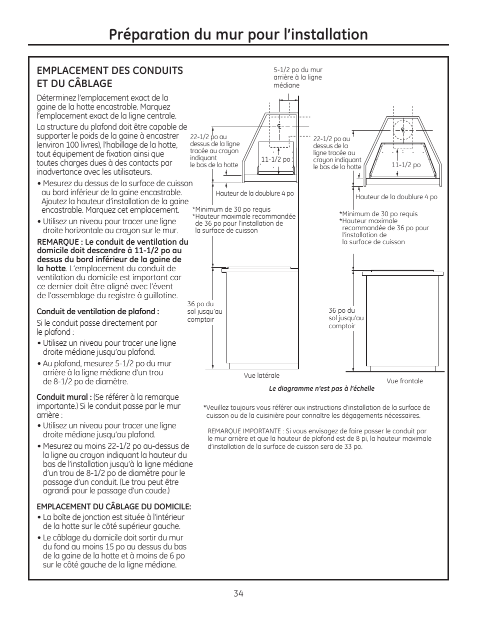 Préparation du mur pour l’installation, Emplacement des conduits et du câblage | GE ZVC42LSS User Manual | Page 34 / 68